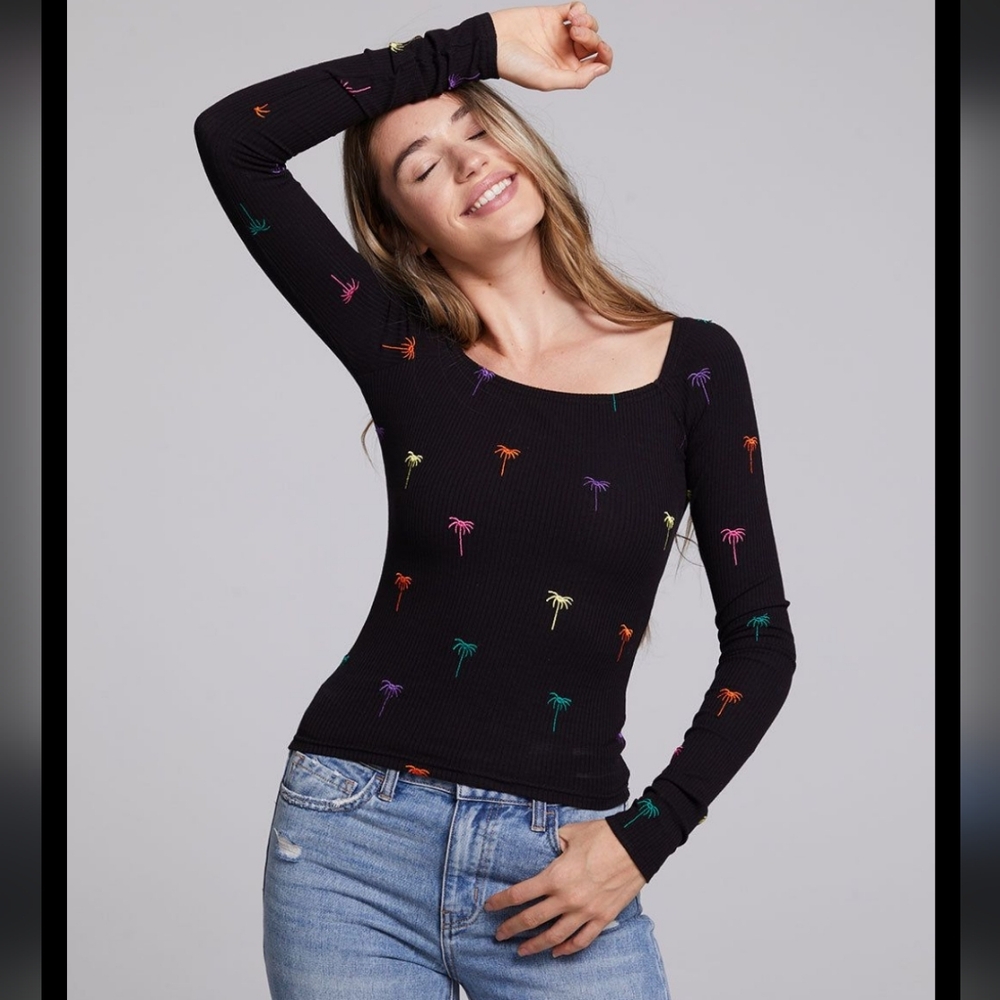 Chaser Ribbed Long Sleeve Top w Embriodered Colorful Palm Trees Sz S Black